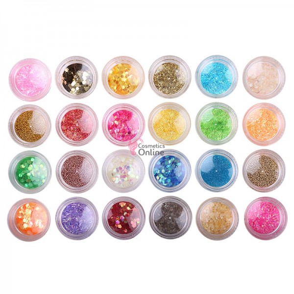 Set 24 culori de scoica, caviar, paiete pentru decor unghii colorate Cod DC025